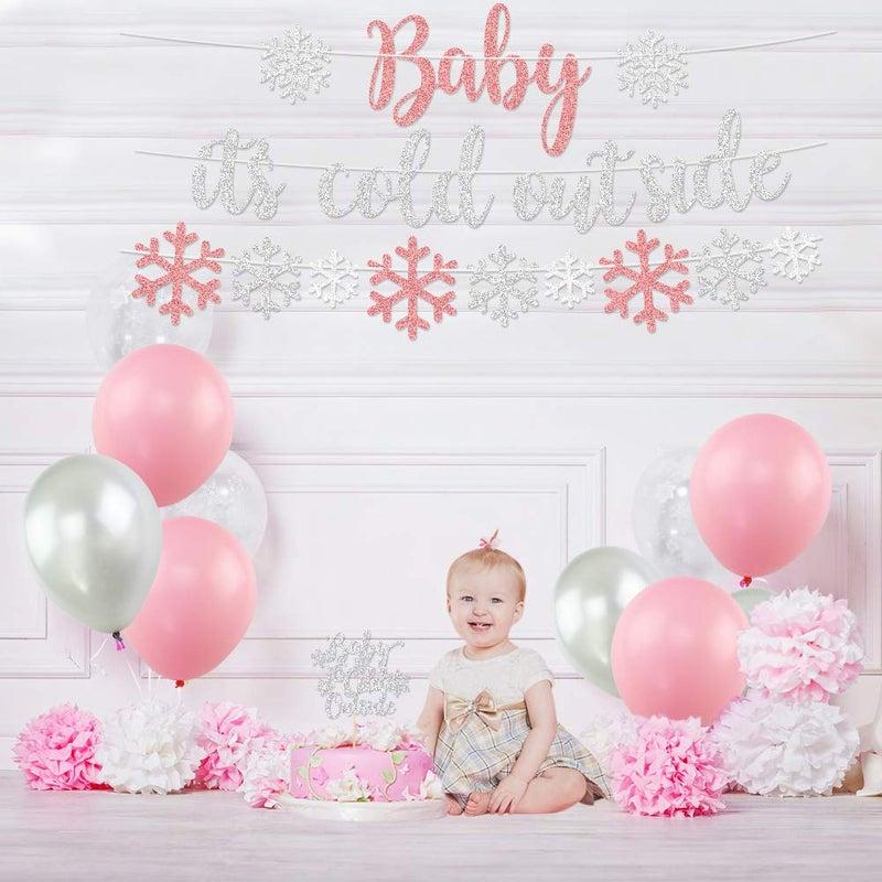 K KUMEED Baby Itâ€™s Cold Outside Party Decorations, Banner, Snowflake Balloons, Garland for Winter Wonderland Baby Shower, Christmas, Winter Birthday Party Supplies, Silver (Pink) - Image 4